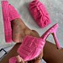 Women Towel Heels Square Toe Slip on Sandals High Heel Mules Shoes