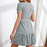 Womens Solid Color Knit Ribbed O Neck A-Line Short Sleeve Twirl Elegant Casual Midi Dresses