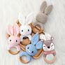 Wooden Ring Crochet Bunny Bear Fox Elephant Deer Giraffe Animal Crochet Rattle Teething Toy