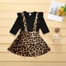 2Pcs Toddler Kids Long Sleeve Black T-Shirt Tops Leopard Suspender Skirt Outfits Baby Girl Casual Girls Clothes Set