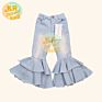 Baby Girls Denim Pants Double Ruffles Bell Bottoms Bleach Trousers Kids Flared Pants