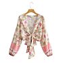 Beautiful Floral Print Deep V Neck Wrap Tops Women Bohemian Long Sleeve Rayon Blouse