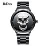 Biden 0063 1 Punk 3D Skull Personality Retro Mens Black Watches Waterproof Stainless Steel Quartz Watch Unique