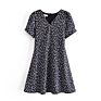 Black Color V Neck Short Sleeve Little Floral Print Women Cute Mini Dress