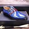 Blue Leather Slip on Men Shoes Double Monk Strap Pointed Toe Dress Shoes