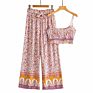 Boho Pants Suit European and American Floral Printed Beach Holiday Loose Split Long Pants and Strapless Trousers and Tops