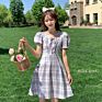 Bow Tie Square Neck Plaid Bubble Sleeve Dress Women Waist A-Line Dress