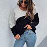 Casual Loose Long Sleeves Crew Neck Knitwear Color Blocking Sweater Pullover Women