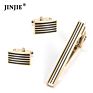 Chinese Rectangle Gold Plated Black Stripe Cuff Links and Tie Clip Set