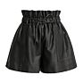 Designed High Waisted Wide Leg Black Faux Leather Shorts for Women