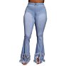 Distressed Washed Zippers Fly Button Closure Frayed Jeans Tassels Denim Skinny Bell Bottom Pants High Waist Retro Style