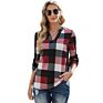 Dropship Autumn Fashionable Luxury Women's V-Neck Contrast Plaid Shirt Black & Red for Lady Stylish