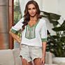 Fashionable Women Elegant Deep V Neck Boho Embroidery Chiffon Tops Shirts Blouse