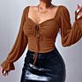 Hollowed-Out Female Street Wear Long Sleeve Drawstring Front Fits Lady Blouse Womens Tops