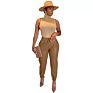 J&H Khaki Trousers Women High Waist Pu Leather Pants Chic Drawstring Joggers Slim Fit