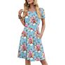 Lady Ruffle Elastic Loose Comfy Swing Sundress Elegant Casual Pocket Floral Print round Collar Short Sleeve Dress