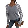 Latest Design Patchwork Stripe Leopard Color Block Woman Long Sleeve Tunic V Neck Knit T Shirt Cotton Blouse Tops Fall Clothing