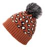 Leopard Warm Hat Wool Knitted Beanie Hat Removable Faux Fur Pom Pom Hats for Women