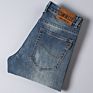 Men Faded Effect Well Fit Jeans with Five Pockets Elastic Straight Denim Pants for Casual or Business