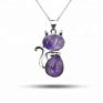 Natural Gemstone Amethyst Cat Shape Pendant Choker Animal Jewelry Silver Chain Purple Crystal Kitty Charm Necklace