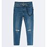 Solid Color Trend Ripped Jeans Zipper Fly Small Feet Enzyme Washed Medium Blue Men Jeans