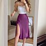 Solid Satin Elastic Waist Women Side Slit Midi Skirt Button Decoration Slim A-Line Skirts