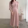 Spring Chic Spring Tight Waist Korean Solid Color Crew Neck Long Sleeve Pleated Casual Dresses Woman Lady