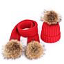 Thick Raccoon Fur Children Fur Pompon Knitted Hats Kids Fur Ball Hats Parent-Child Hat Scarf Set
