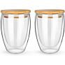 Transparent Milk Mugs 12 Oz Double Wall Clear Glass Coffee Cups with Bamboo Lid