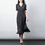 V-Neck Dot Print Corrugated A-Line Slim Waist Short-Sleeved Chiffon Woman Slit Long Dress