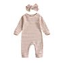 Waffle Stripe Long Sleeve Jumpsuits Infant Baby Unisex Boys Girls Rompers Headbands Set