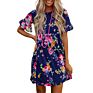 Woman Dress Printed Floral Mini Dresses Ruffled Short Sleeve Crew Neck Dresses Women Elegant