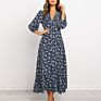 Women V Neck Long Shirt Dress Autumn Floral Print Three Quarter Sleeve Split Dress Casual Button Boho Maxi Dresses