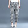 Women's and Art Large Size Elastic Waist Loose Wild Lattice Nine-Point Harem Casual Trousers