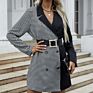 Womens Belted Spliced Long Double Breasted Black White Plaid Blazer
