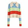 Women's Polo Collar Long Sleeve Color Stripe Cardigan Jacket Slim Short Knit Sweater Cardigan