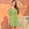 Womens Stripe Midi Dresses V Neck Polka Dot Ruffles Short Sleeve Kimonos Ladies Boho Dresses with Belt