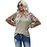 Zacavia Autumn Leopard Print Stitching Long Sleeve Basic Sweatshirt Women's Casual V-Neck Pullover Top