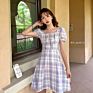 Bow Tie Square Neck Plaid Bubble Sleeve Dress Women Waist A-Line Dress