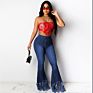 Distressed Washed Zippers Fly Button Closure Frayed Jeans Tassels Denim Skinny Bell Bottom Pants High Waist Retro Style