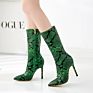 Fall Green Snakeskin Women Mid Calf High Heel Boots Pointed Toe Serpentine Leather Boots Boots Zip