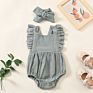 Ins Baby Girl Cotton Soft One Piece Bodysuit Headband 2Pcs Set Toddler Sleeveless Rompers Solid Color 0-2Y