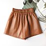 Placket Styles Elastic Waist Tight Leather Short Pants Women's Shorts Genuine Leather Shorts