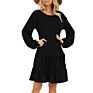 Ruffle Hem Pocketed Solid-Colored round Neck Long Sleeve Midi Dress