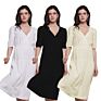 Solid Color V Neck Long Dress Pleated Maxi Elastic Waist Dresses Women Casual