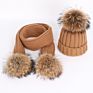 Thick Raccoon Fur Children Fur Pompon Knitted Hats Kids Fur Ball Hats Parent-Child Hat Scarf Set