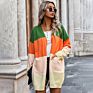 Top Long Sweater Jacket Open Front Women Color Clash Block Rainbow Cardigan