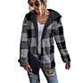 Womens Fuzzy Open Front Hooded Cardigan Plaid Reversible Sherpa Fleece Jacket Pullover