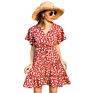 Womens Stripe Midi Dresses V Neck Polka Dot Ruffles Short Sleeve Kimonos Ladies Boho Dresses with Belt