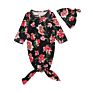 Baby Girls Floral Print Soft and Cute Design Knot Gown Romper with Hat Sleeping Bag Clothes Baby Gown
